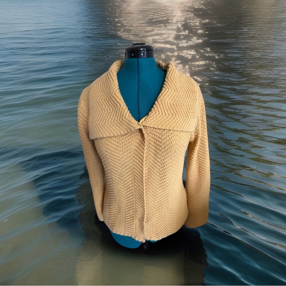 JM Collection Sweater Women Large Yellow Mustard Cable Knit Cardigan Geometric